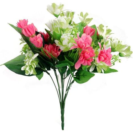 Ramo de 12 dalias pequeñas con hojas grandes de 42 cm, de color rosa y verde. (1/3)