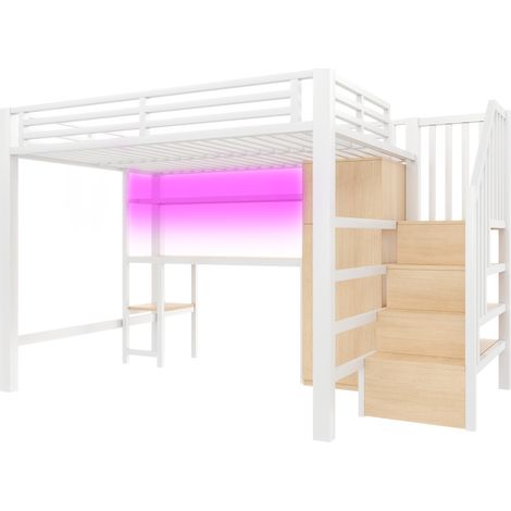 GagaLit mezzanine en métal 140x200 avec bureau, étagère, armoire et escalier de rangement, blanc (1/5)