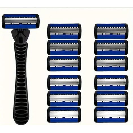 rasoir electriques hommes-Rasoir Manuel à 6 Lames Précises – Pour Barbes Dures et Sensibles (Manche Interrupteur Gris avec 12 Lames Rechargeables Noires & Bleues)