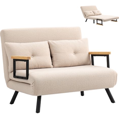 Canapé-lit 2 places en velours, fonction couchage, avec 2 coussins, aspect velours, naturel + beige + noir (1/5)