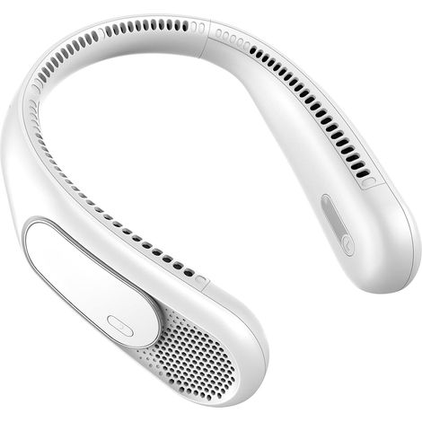 Ventilatore da collo ricaricabile tramite USB a 3 velocità, design senza pale in silicone, 66 uscite d'aria silenziose, ideale per ufficio e viaggi, colore bianco. (1/5)