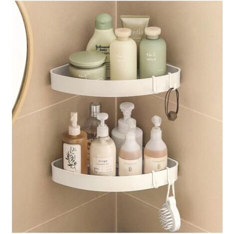 Mensola angolare per doccia, set di 2 mensole angolari per doccia senza foratura, portaoggetti angolare per doccia con 4 ganci rimovibili, per bagno, cucina, bianco (1/5)