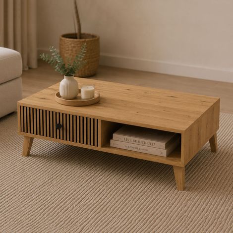 Couchtisch Liparime, 2 Schubladen, geriffelte Optik, 2 Fächer, 102x67x32h cm, Eiche Natur Dunkel (1/3)