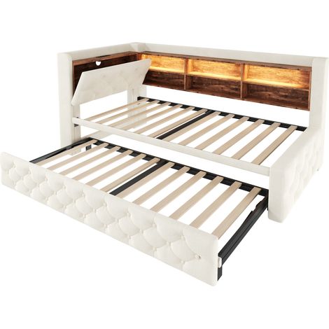Divano letto estraibile 90 x 190 cm in velluto beige con LED, USB-C e contenitore (1/5)