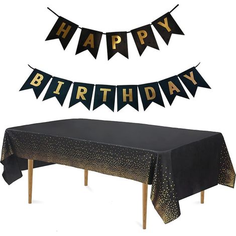 Nappe jetable Anniversaire 137x274 cm Pois Noir Or avec Guirlande
