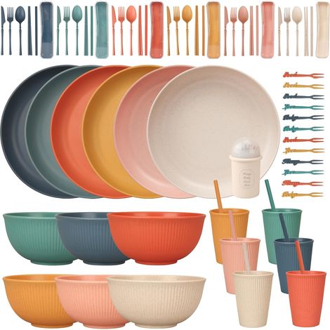 Ensembles de vaisselle pour service de table réutilisable, camping à domicile Assiettes, bols, tasses, couverts, fourchettes en plastique (1/5)