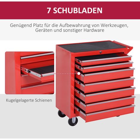 Chariot de rangement atelier, 2 petits tiroirs + 5 grands tiroirs, acier robuste, capacité 150 kg, 69x33x75 cm, rouge
