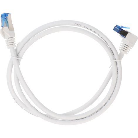CAT 6A Patchkabel 1x 90° gewinkelt, S/FTP (PiMF), weiß, 2 m, Kupferleiter (CU), halogenfreier Kabelmantel (LSZH), Rastnase oben. Kabellänge 2 m (1/5)