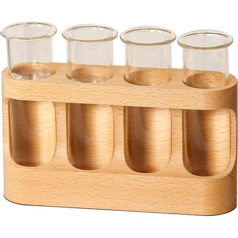 Station de multiplication des plantes, équipée d'un cadre en bois, de quatre tubes à essai en verre et d'un vase avec lumières LED, pour la décoration intérieure et les plantes hydroponiques.