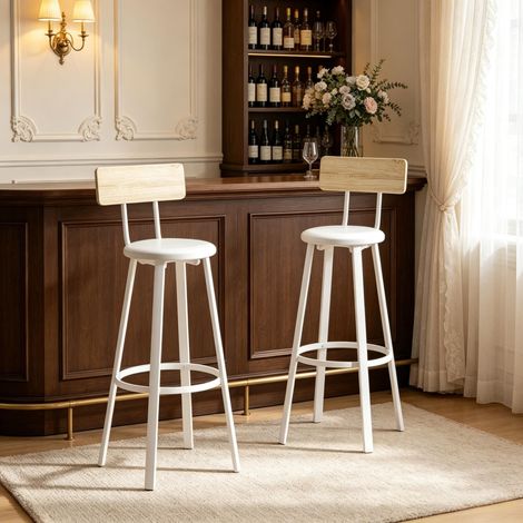 Juego de 2 taburetes de bar, sillas de bar con respaldo y reposapiés, altura del asiento 75,5 cm, cojín de asiento, para mostrador de cocina y barra (se venden únicamente como juego de 2 taburetes de (1/5)