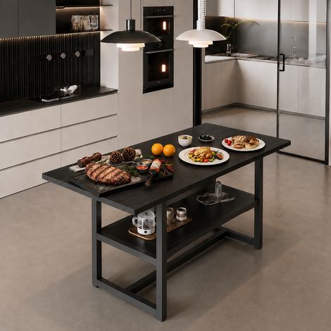 Bureau repas industriel 160x90x76 cm noir 4 à 6 pers avec rangements intégrés pour cuisine séjour salle à manger (1/5)