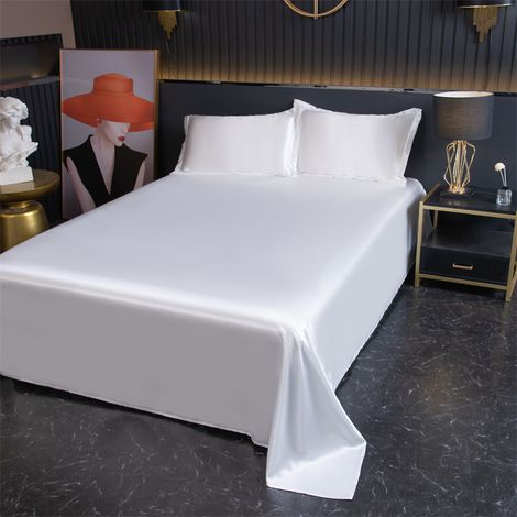 Drap Housse 180x230 cm, Ensemble de Literie en Soie Glacée Fraîcheur d'Été avec 2 Taies d'Oreiller, Blanc Pur (1/2)