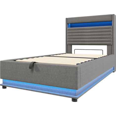Lit coffre 90x200, lit capitonné gris avec éclairage LED, ports USB Type-C et sommier à lattes, sans matelas (1/5)