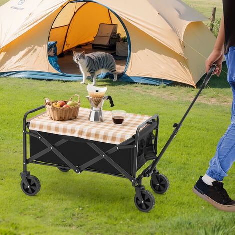 Collapsible Folding Wagon Garden Cart, Utility Wagon, Beach Wagon with 5" Solid Rubber Wheels, Adjustable Handle and 2 Cup Holders, for Beach, Garden, Shopping and Camping (Black) (1/5)