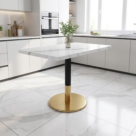 "title": "Table à Manger 2 places 80x60 cm, effet marbre, métal noir, base dorée" (1/5)