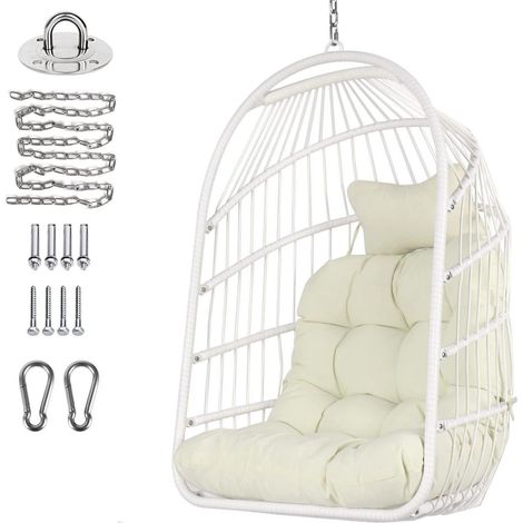 Fauteuil suspendu pliable en rotin blanc avec coussin et kit de suspension en acier inoxydable (1/5)