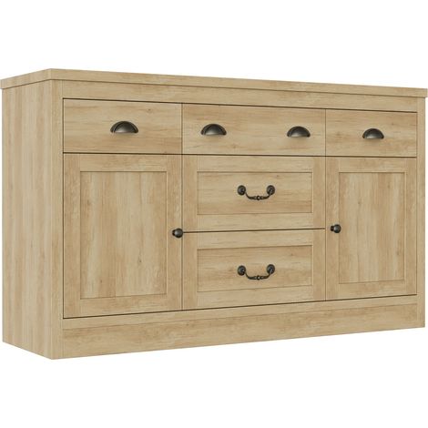 Buffet salle à manger 135x39,8x80 cm - 2 portes battantes 5 tiroirs spacieux - Structure bois robuste finition soignée - Grand rangement - Idéal salon salle à manger - Marron (1/5)