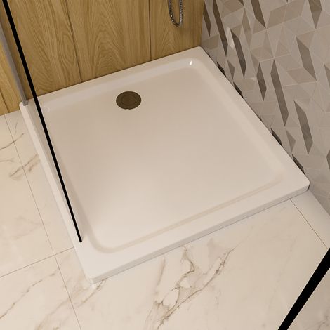 ECOLAM Duschwanne Max 90x90 x5,5 cm flach Viereck Quadrat Duschtasse Acryl Füße + Siphon + Silikon