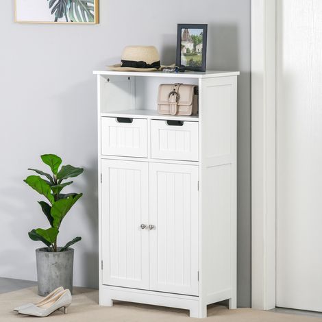 Armoire salle bain Blanc 2 portes étagère réglable tiroirs compartiment ouvert salon/cuisine 60x30x108,8 cm (1/4)