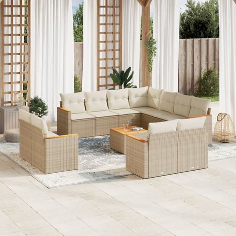 Canapé d'extérieur en résine tressée beige avec 12 coussins assortis – Ensemble salon de jardin complet (1/5)