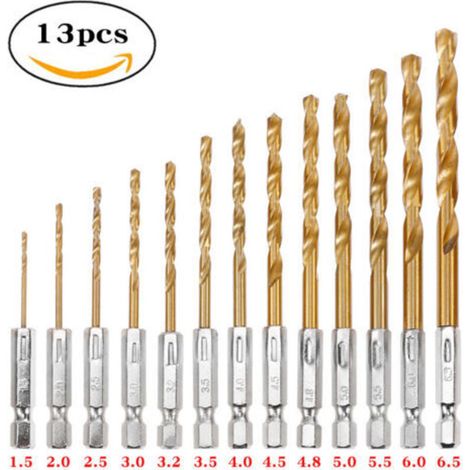 13-piece Impact Drill Bit Set, Titanium HSS Twist Hex Shank Drill Bit Set for Metal, Steel, Wood, Plastic, Quick Change Design (1/5)