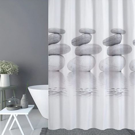 Store enrouleur de douche Rideau de douche imperméable gris avec motif galets. Largeur 120 cm (Convient aux cloisons de salle de (1/5)