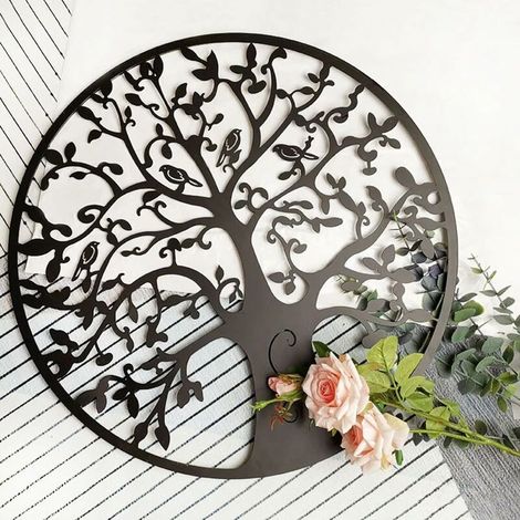 Lebensbaum aus Metall, Wanddeko aus Metall, Wandbehang, 30 x 30 cm, Schwarz (1/5)