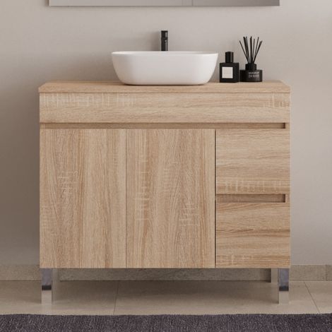 Meuble de salle de bain 90cm sur pieds avec plateau et une cuve à poser arrondie - sans miroir - portes et tiroirs - cambrian (chêne clair) - HARO