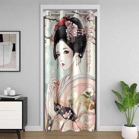 Geisha Rideau de porte japonais pour fille - 86 x 203 cm - Motif fleurs de cerisier - Style japonais - Tradition japonaise - Esthétique - Pour porte intérieure - Séparateur de pièce (1/5)