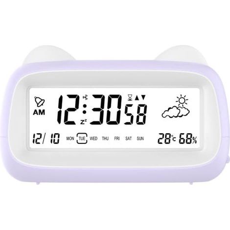 Réveil, réveil numérique, horloge numérique, réveil intelligent, calendrier électronique, réveil en forme de chat avec lumière, chargement USB (violet) (1/5)