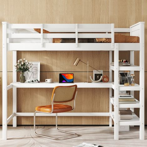 Hochbett, Kinderhochbett mit Ablagefächern und Unterbettschreibtisch,Ohne Matratze