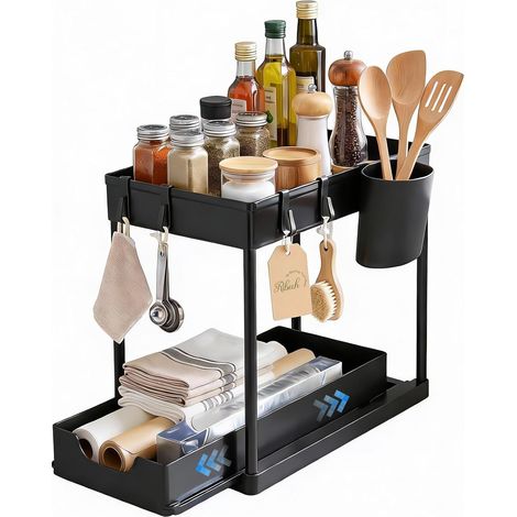 Lot de 1 Organisateur Sous Évier, 2 Niveaux avec Tiroirs, Rangement Coulissant pour Cuisine, Salle de Bains, Buanderie - Économiseur d'Espace (1/5)