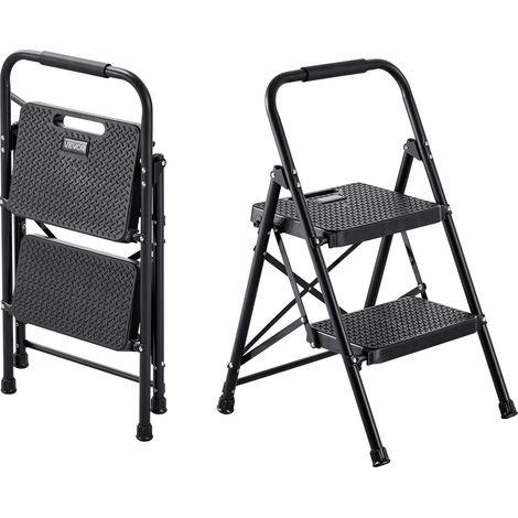 Escabeau Pliant 2 Marches Marchepied Pliable Charge 272 kg Échelle Domestique en Acier pour Cuisine, Bureau, Travaux Ménagers, avec Large Marche Antidérapante, Poignée, Léger et Portable, Noir (1/5)