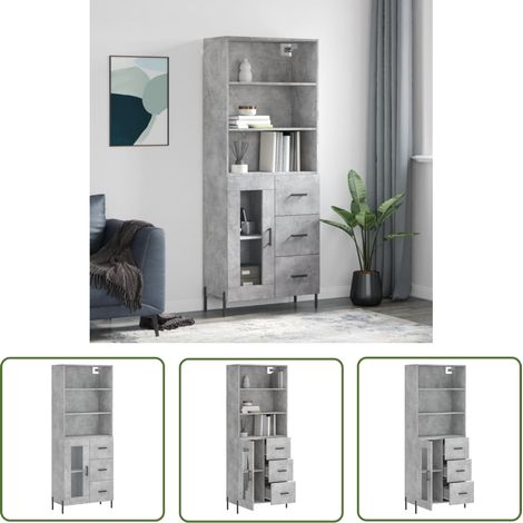 The Living Store Buffet haut Gris béton 69,5x34x180 cm Bois d'ingénierie - Buffet Design - Meuble Rangement - Armoire Moderne - Mobilier Salon - Commode Gris (1/5)