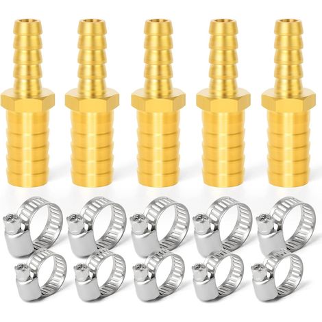 5 pièces 6mm x 10mm connecteur de Tuyau de réduction en Laiton, raccord de Tuyau Droit à 2 Voies avec 10 Pinces (1/5)