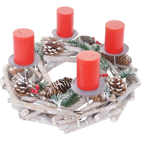 Corona de Adviento redonda decoración navideña de madera Ø 35 cm blanco-gris con velas blancas 040002566