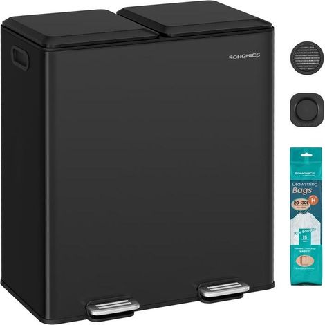 Poubelle de cuisine double avec seaux amovibles 58,5 x 37 x 64 cm usage tri sélectif moderne en acier noir (1/2)