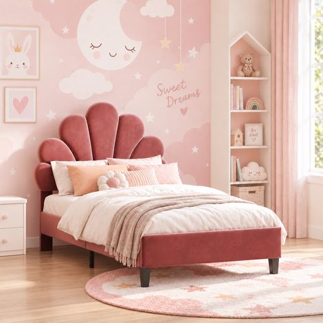 Einzelbett 90x200 cm Kinderbett Prinzessinnenbett, Muschel- und Blüten-Kopfteil, Metallrahmen mit Lattenrost, Samtbezug, Rot (1/5)
