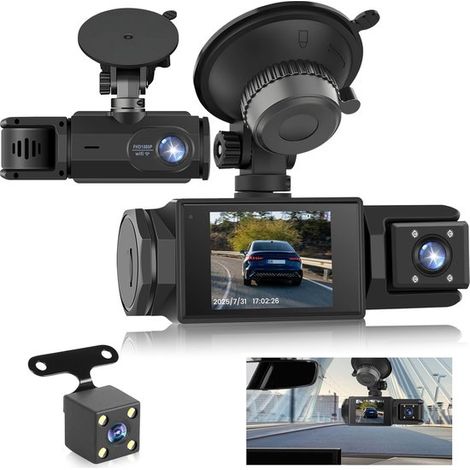 Cámara de salpicadero WiFi para coche: cámara inalámbrica de 3 canales con aplicación,Full HD 1080P,pantalla IPS de 2”,tarjeta de 64 GB incluida (1/5)