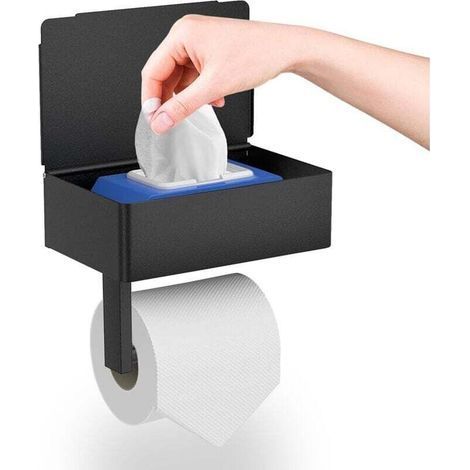No-Drill Wall Mounted Toilet Paper Holder with Shelf and Wet Wipes Dispenser, Black Self Adhesive Toilet Roll Holder, Suitable for Bathrooms and Kitchens. (1/4)