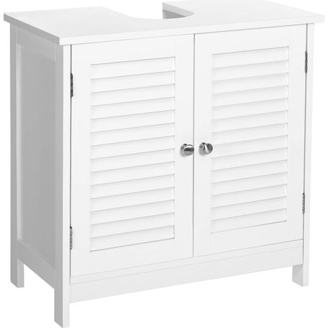 Vasagle – Meuble sous vasque blanc mat 60 x 30 x 60 cm – 2 portes persiennes – étagère réglable – panneau MDF E1 – ouverture siphon 20 x 15 cm (1/5)