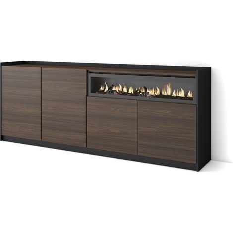 Skraut Home - Aparadores para salón, 207x37x80cm, 4 Puertas, Chimenea eléctrica, Roble oscuro y Negro (1/5)