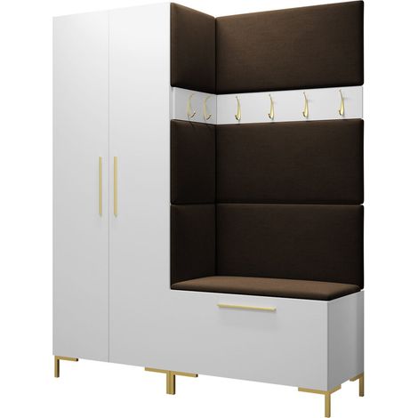 Meuble d'entrée Nomal I, Blanc, 196x158x44cm, Tissu, Stratifié, Murale, À poser