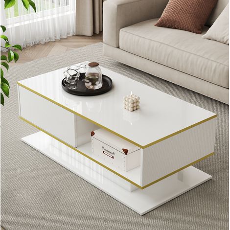 Couchtisch mit 3 Schubladen und LED 100x50x40 cm Weiß Gold OKMYHOME (1/5)