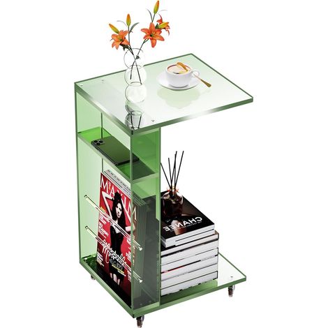 Table d'Appoint en Acrylique, Bout de Canapé, Mobile avec 4 roulettes, Montage Facile, pour Salon, Chambre, 35 x 30 x 55 cm (Vert) (1/5)
