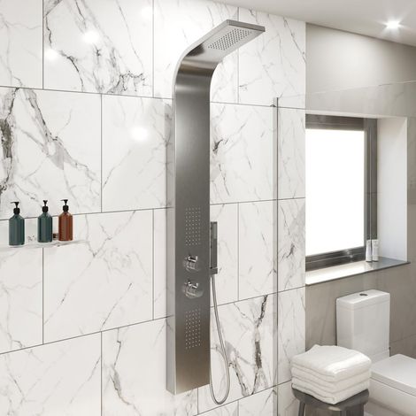 Thermostatic Shower Panel Column Tower With Body Jets Twin Head Bathroom Silver (1/5)