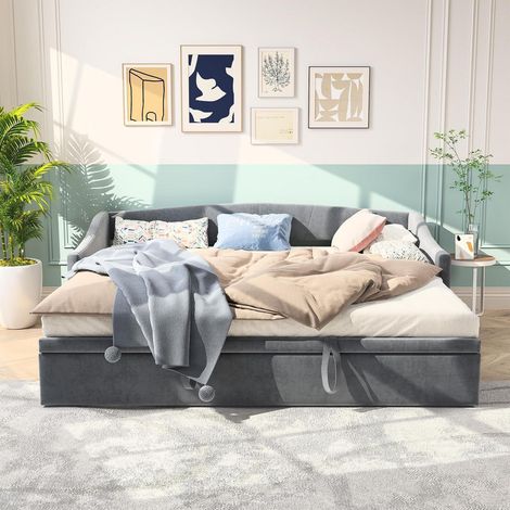 Schlafsofa 90x200cm ausziehbar Samt Grau 2-Sitzer mit Lattenrost (1/5)