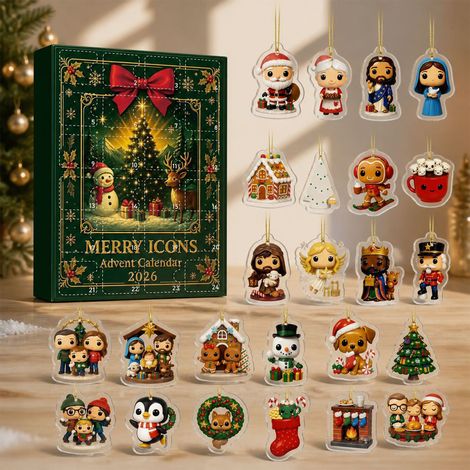 Calendrier de l'Avent avec des icônes de Noël classiques – 24 jolies décorations de sapin de Noël en acrylique 2D – Compte à rebours de 24 jours pour les décorations de Noël et les cadeaux de fêtes (1/5)