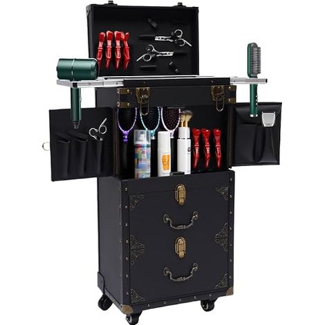 Chariot de Coiffure Professionnel 4-Tiers de Travail pour Salon, Trolley de Maquillage à Roulettes, Beauté, Noir