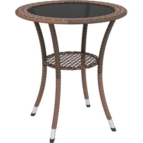 Runder Gartentisch Ø 64 x 71 cm mit Stahlgestell und Glasplatte, Tragkraft 50 kg, für Terrasse und Balkon, Braun
